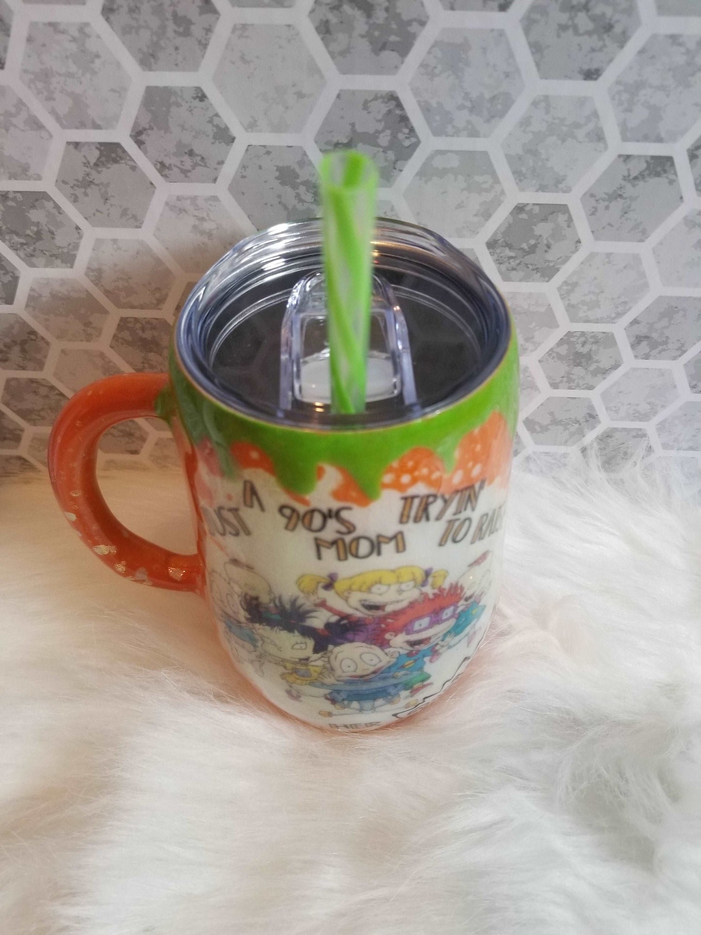 16oz 90s mom green slime drip mug with handle