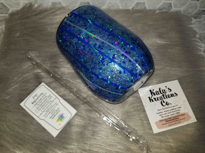 12 oz blue glitter striped wine tumbler