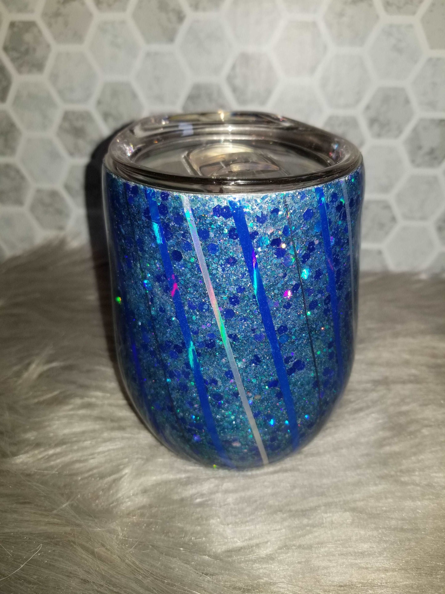 12 oz blue glitter striped wine tumbler