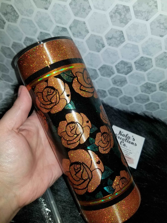 20 oz skinny orange & black rose tumbler