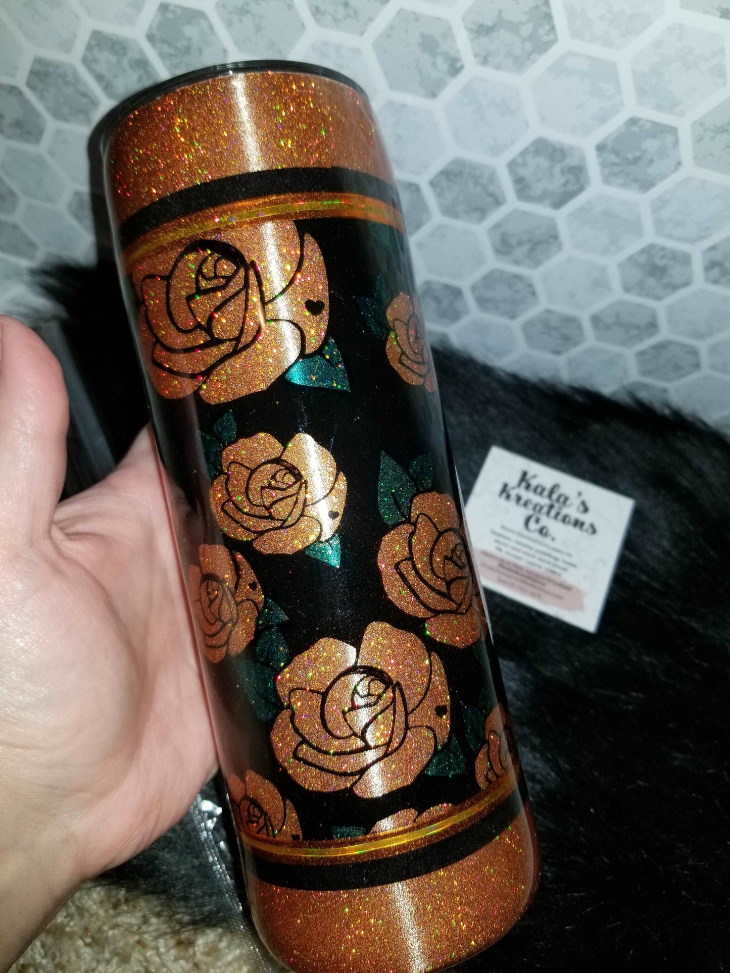 20 oz skinny orange & black rose tumbler