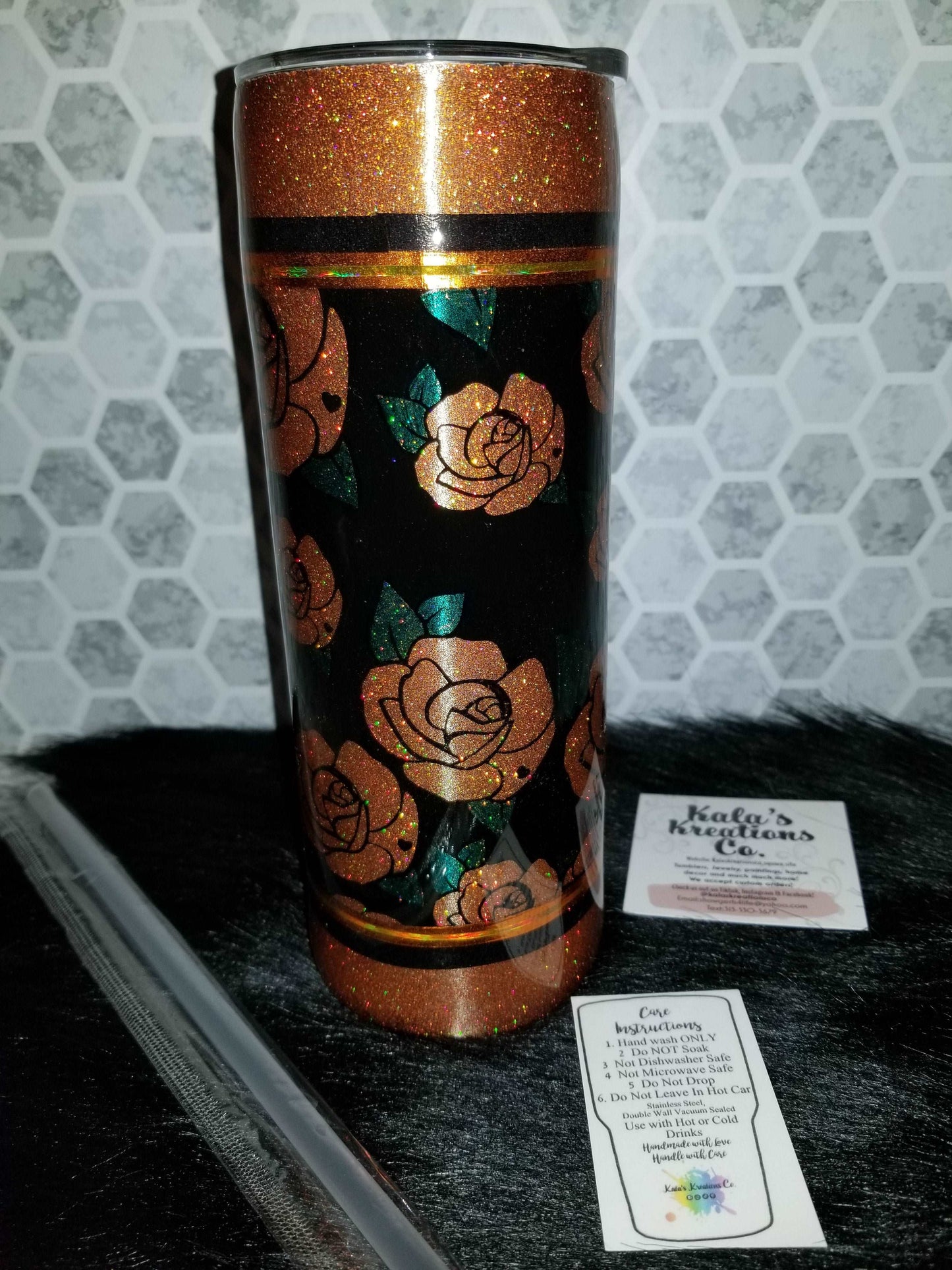 20 oz skinny orange & black rose tumbler