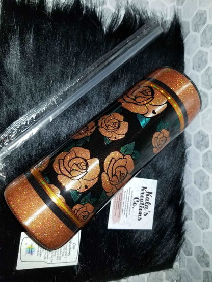 20 oz skinny orange & black rose tumbler