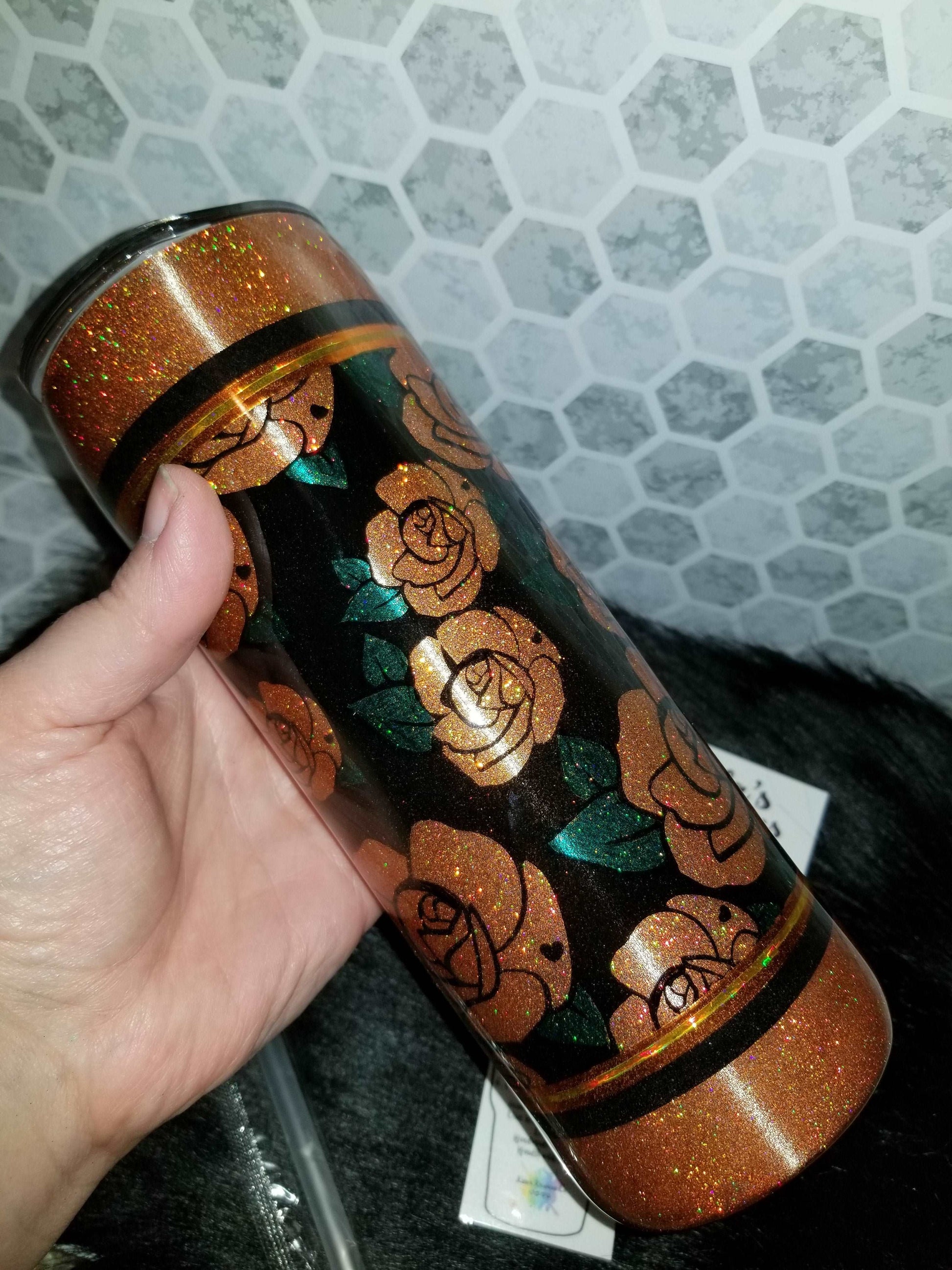 20 oz skinny orange & black rose tumbler