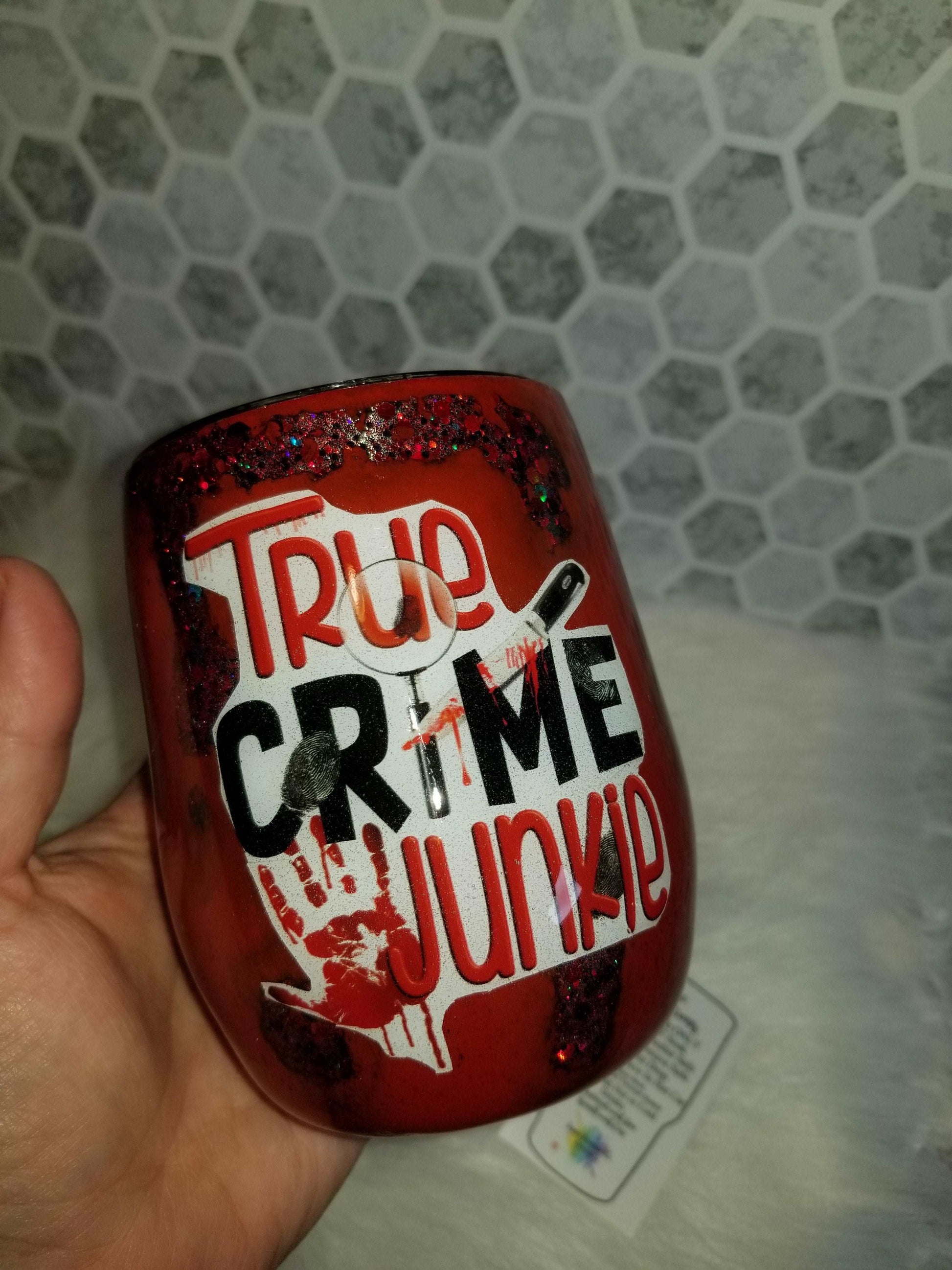 12 oz true crime junkie wine tumbler