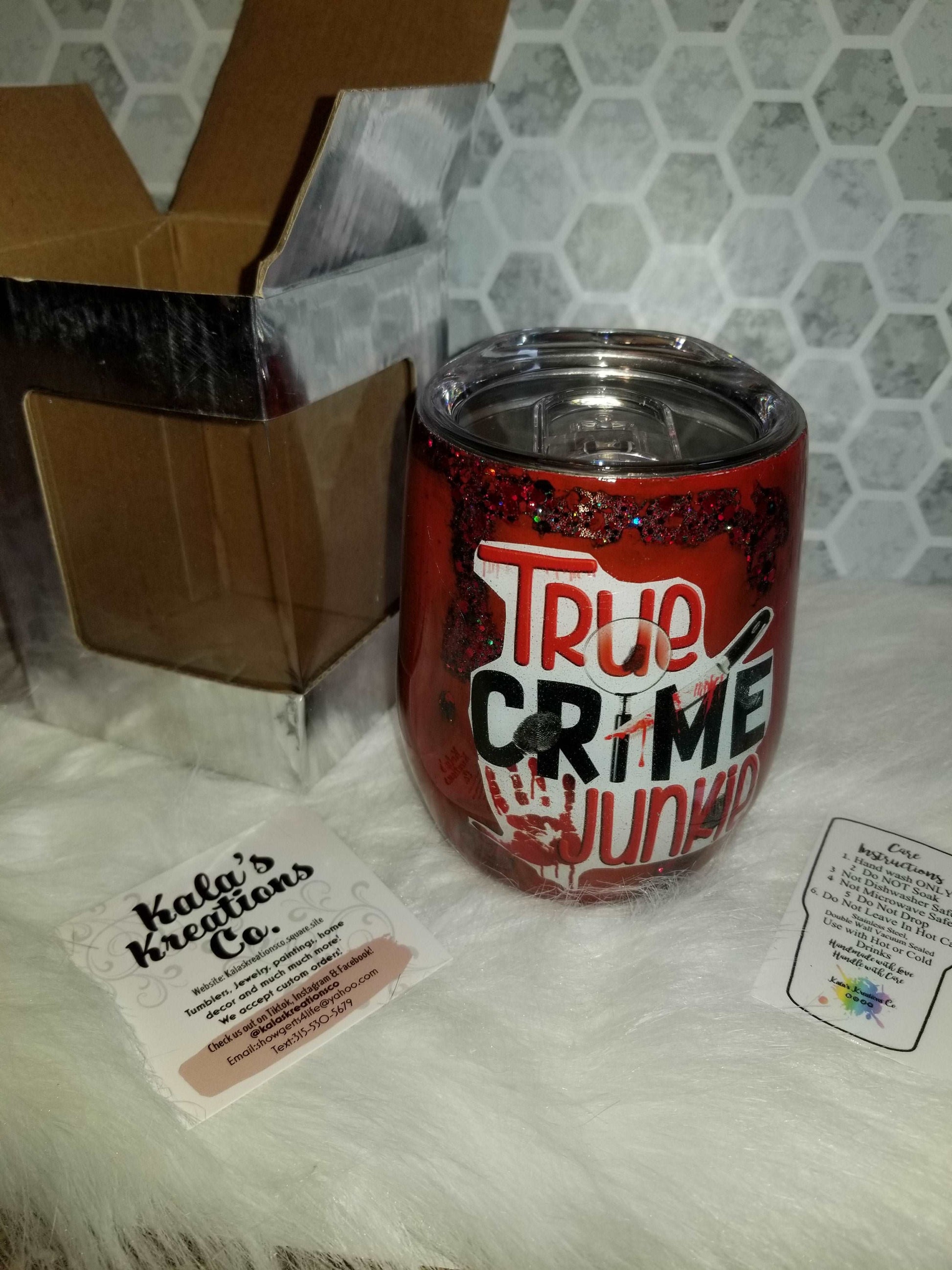 12 oz true crime junkie wine tumbler