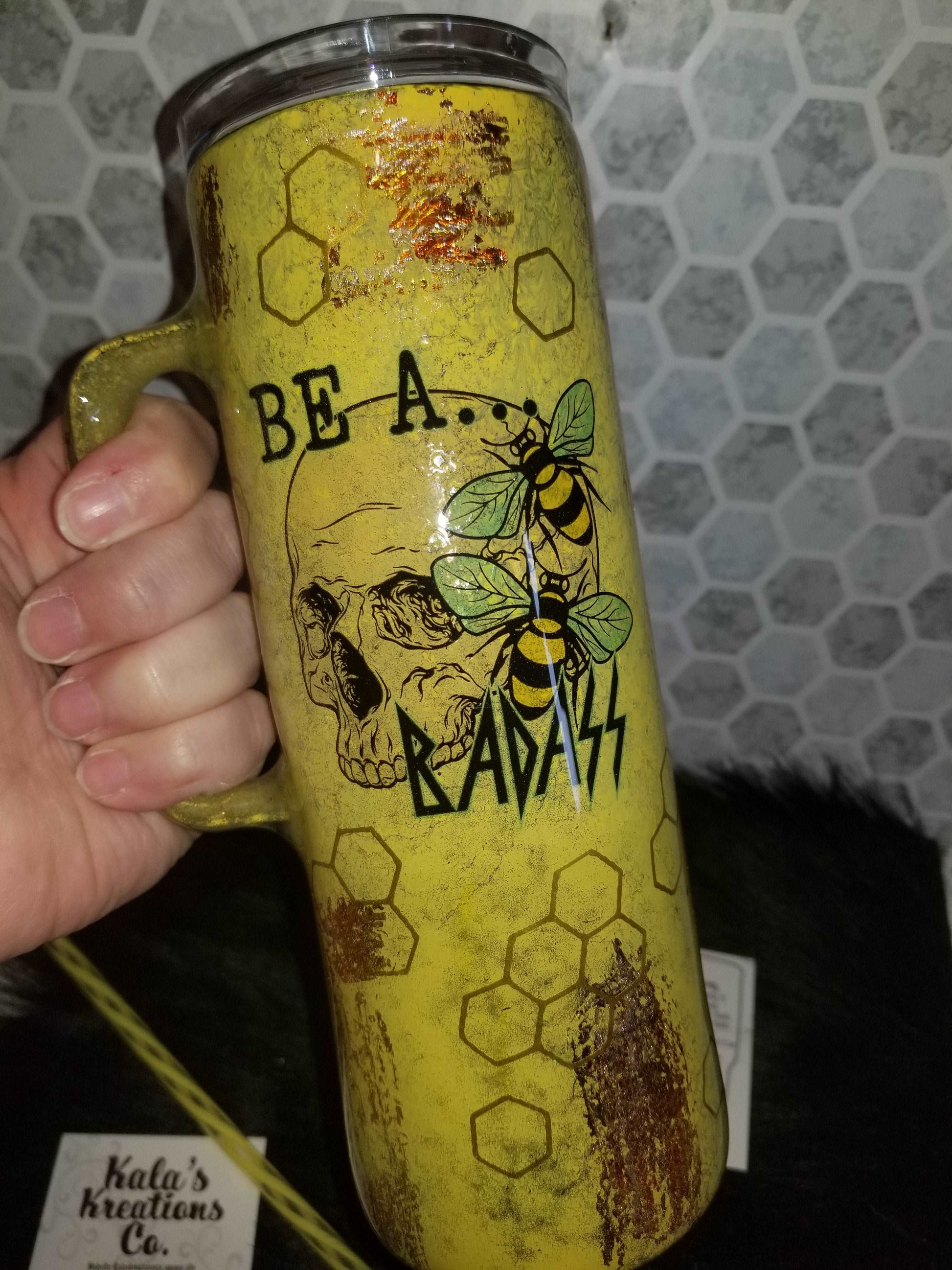 20 oz Bee a Bad ass skull tumbler with handle