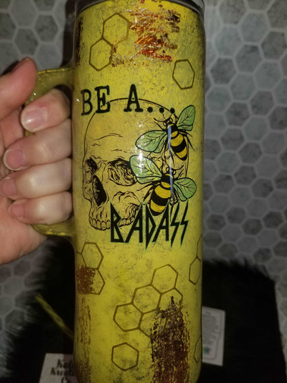 20 oz Bee a Bad ass skull tumbler with handle