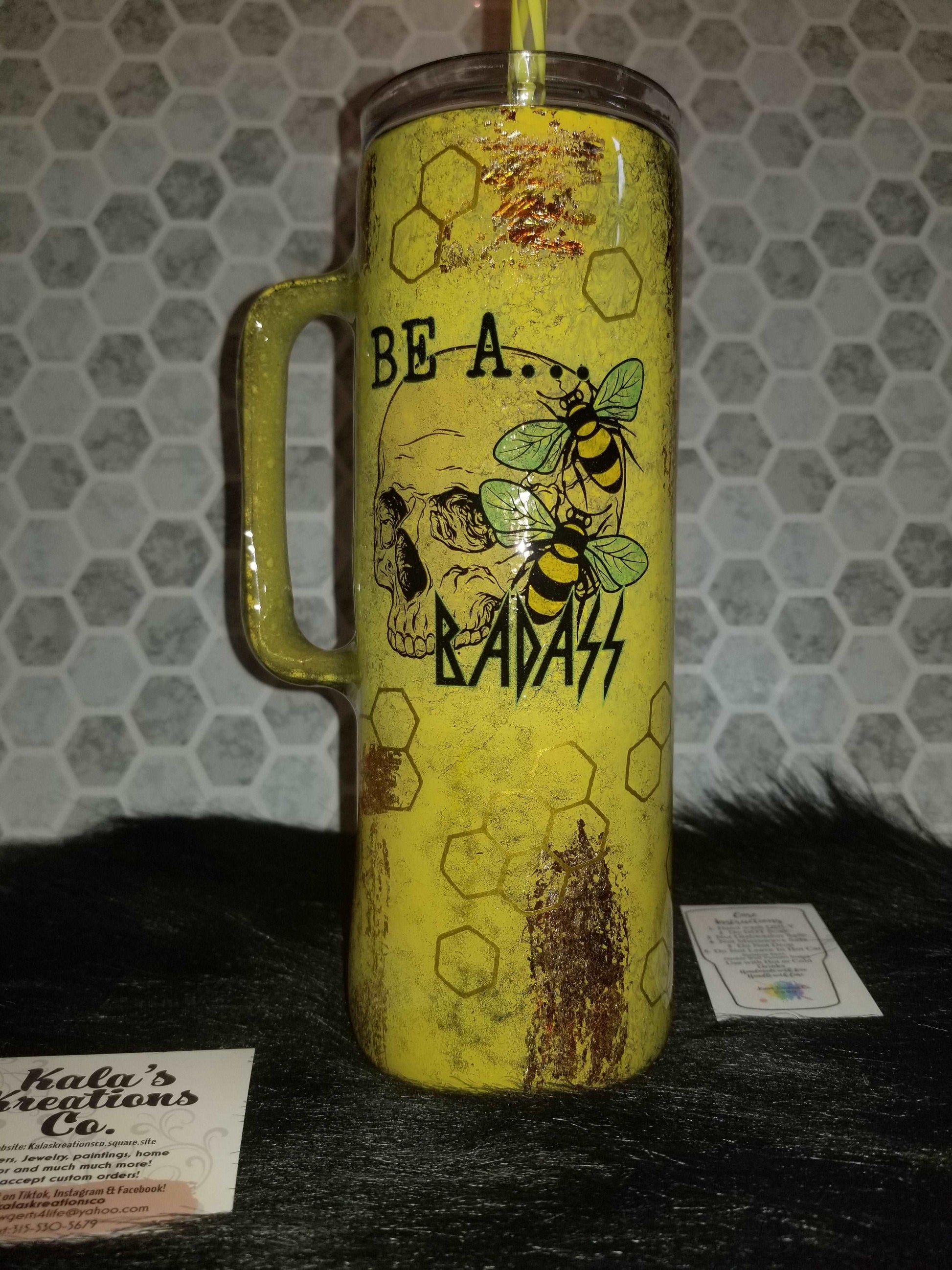 20 oz Bee a Bad ass skull tumbler with handle