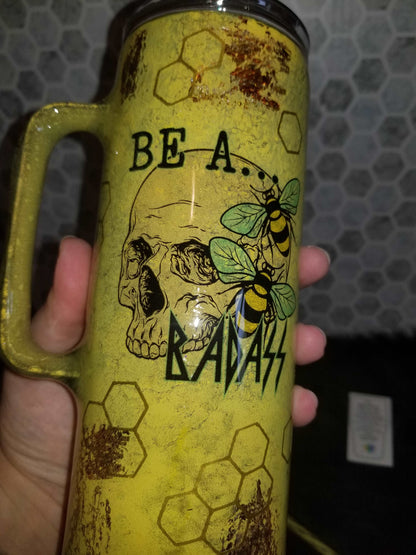 20 oz Bee a Bad ass skull tumbler with handle