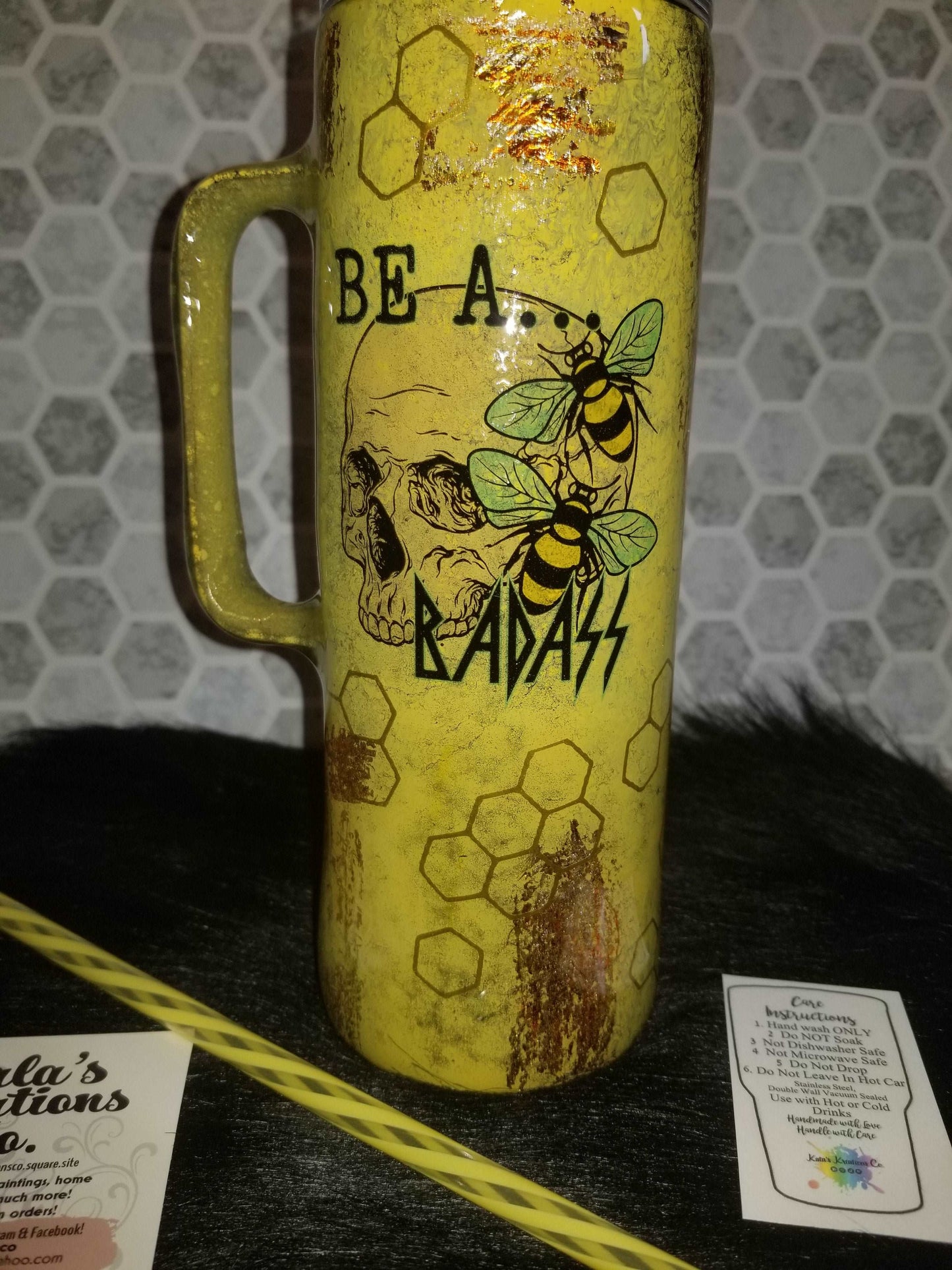 20 oz Bee a Bad ass skull tumbler with handle