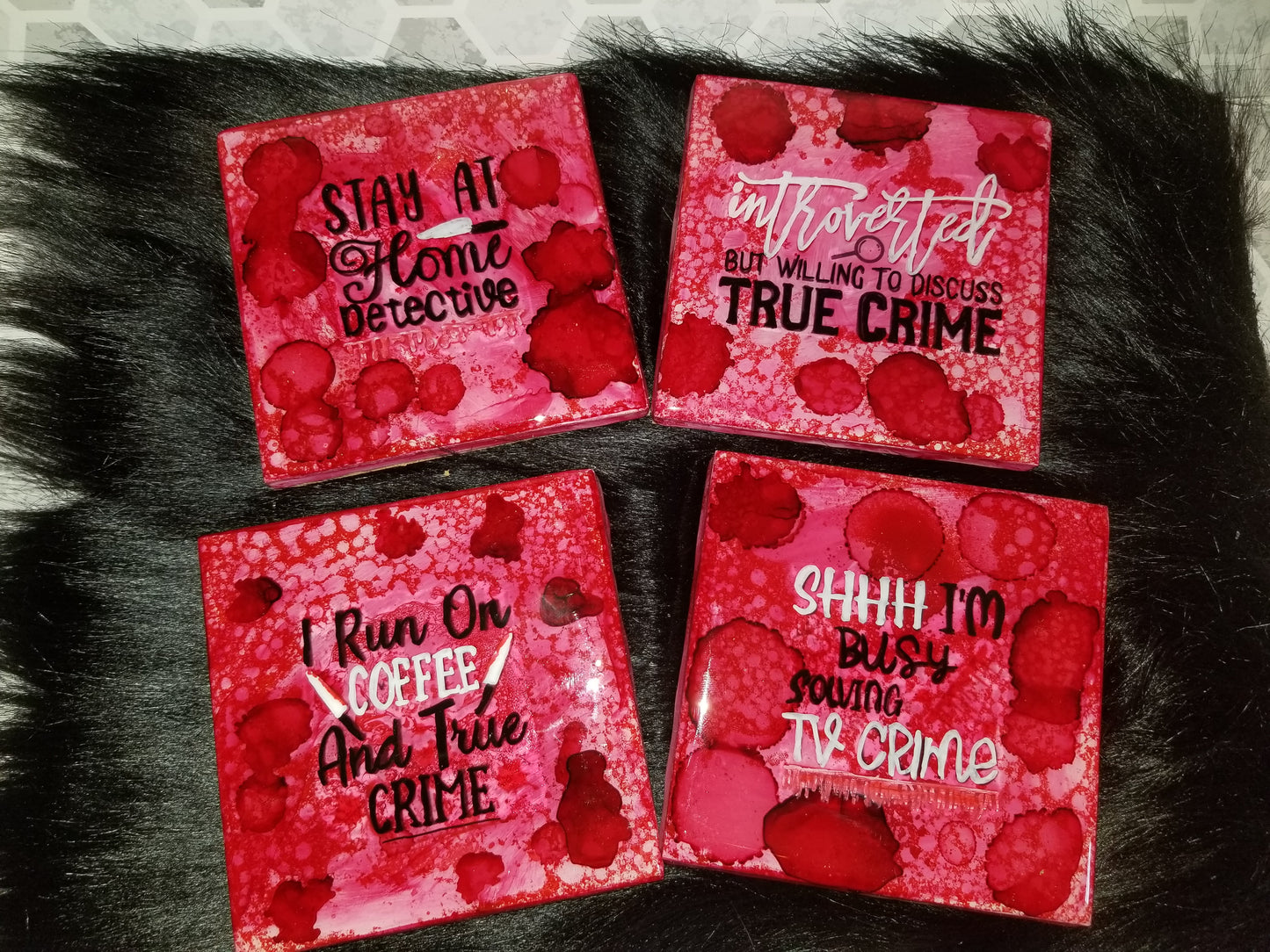Set of 4 epoxy resin tile coasters- True crime quotes