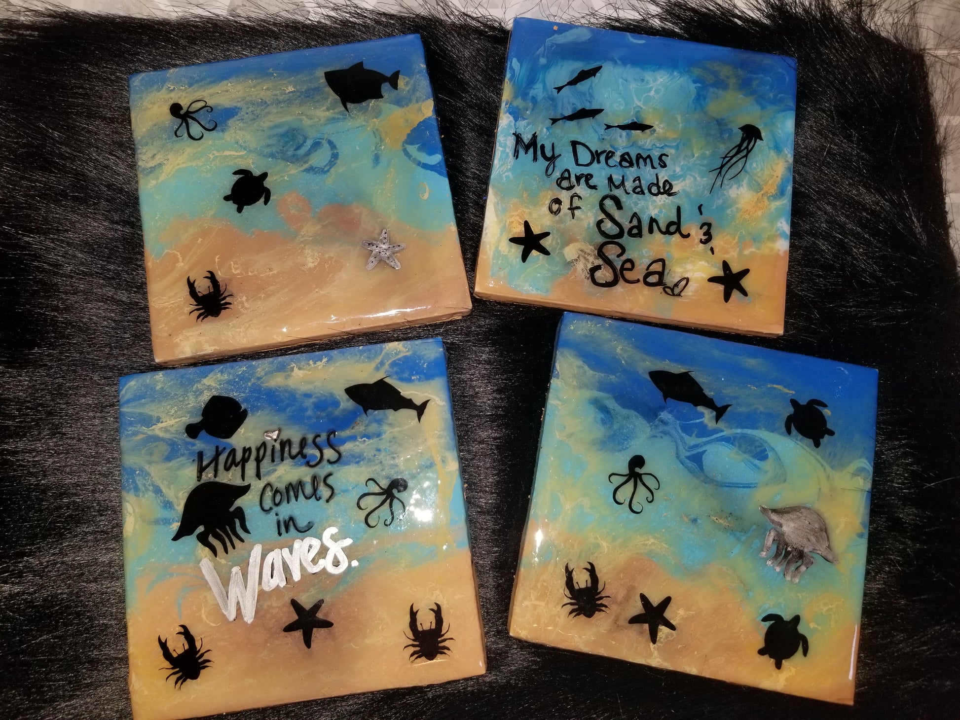 Set of 4 epoxy resin tile coasters- happiness comes in waves set