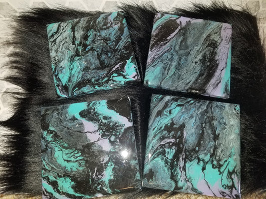 Set of 4 epoxy resin tile coasters- black, teal, purple set