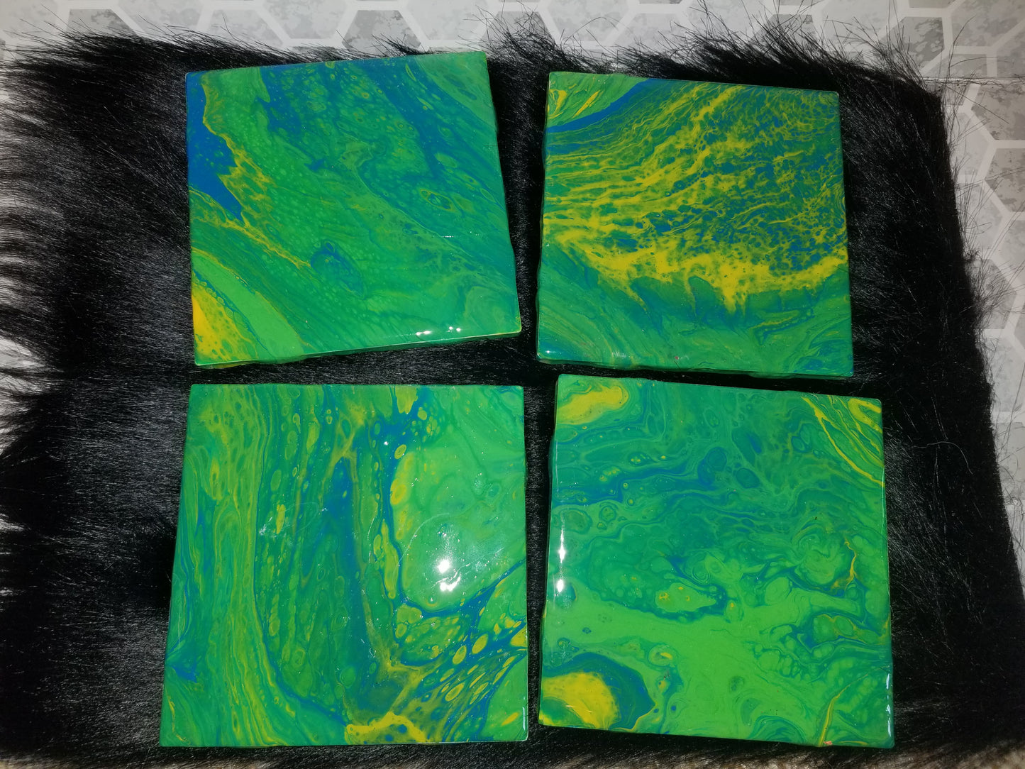 Set of 4 epoxy resin tile coasters- green, blue, yellow