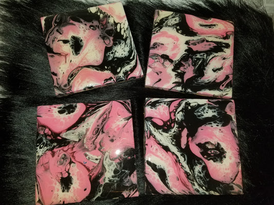 Set of 4 epoxy resin tile coasters- pink & black
