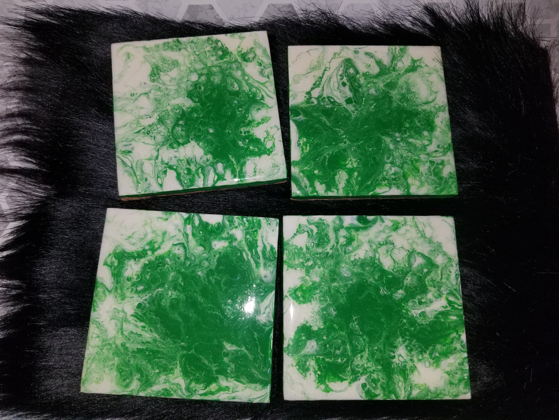 Set of 4 epoxy resin tile coasters- green & white.