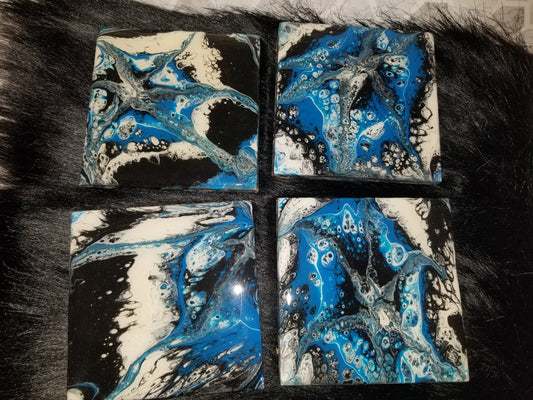 Set of 4 epoxy resin tile coasters- blue starfish