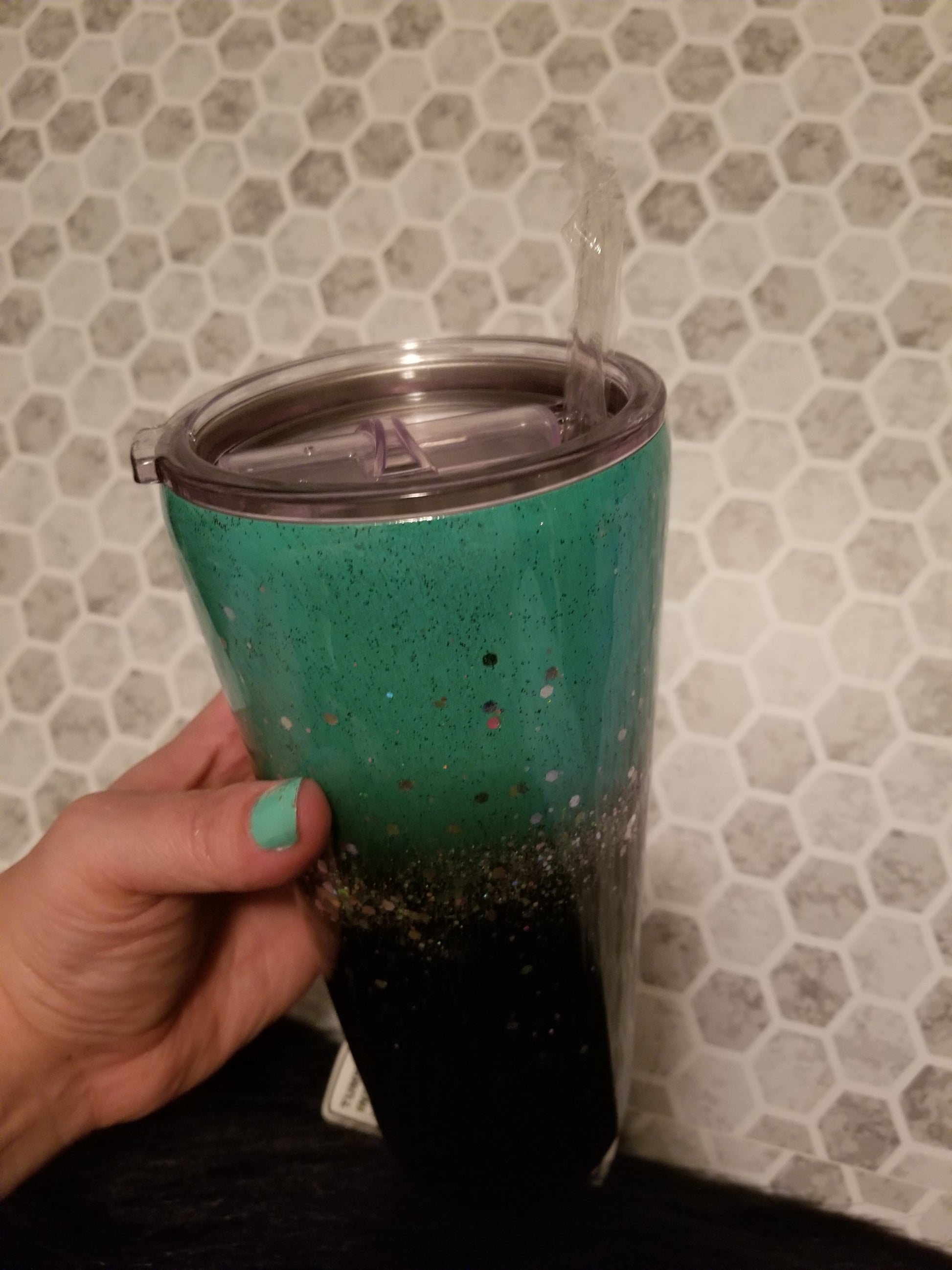 30oz tapered turquoise and black glittered tumbler