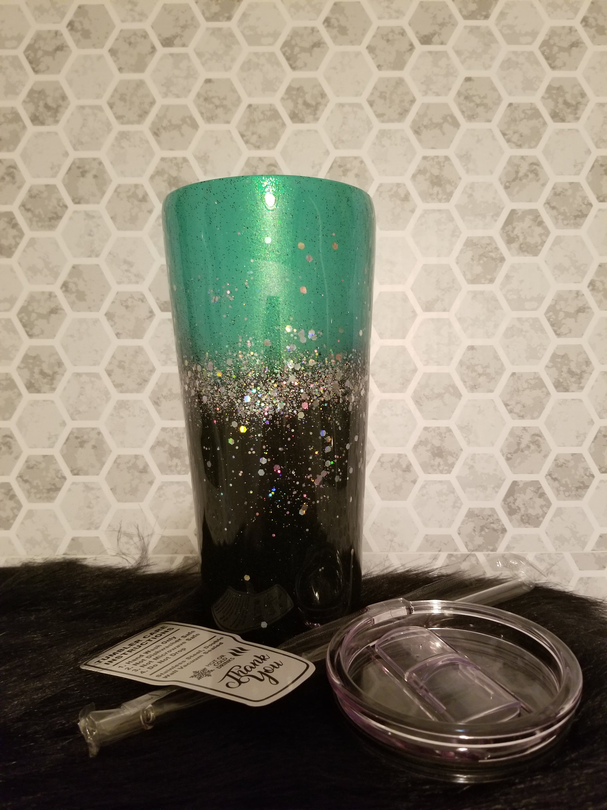 30oz tapered turquoise and black glittered tumbler