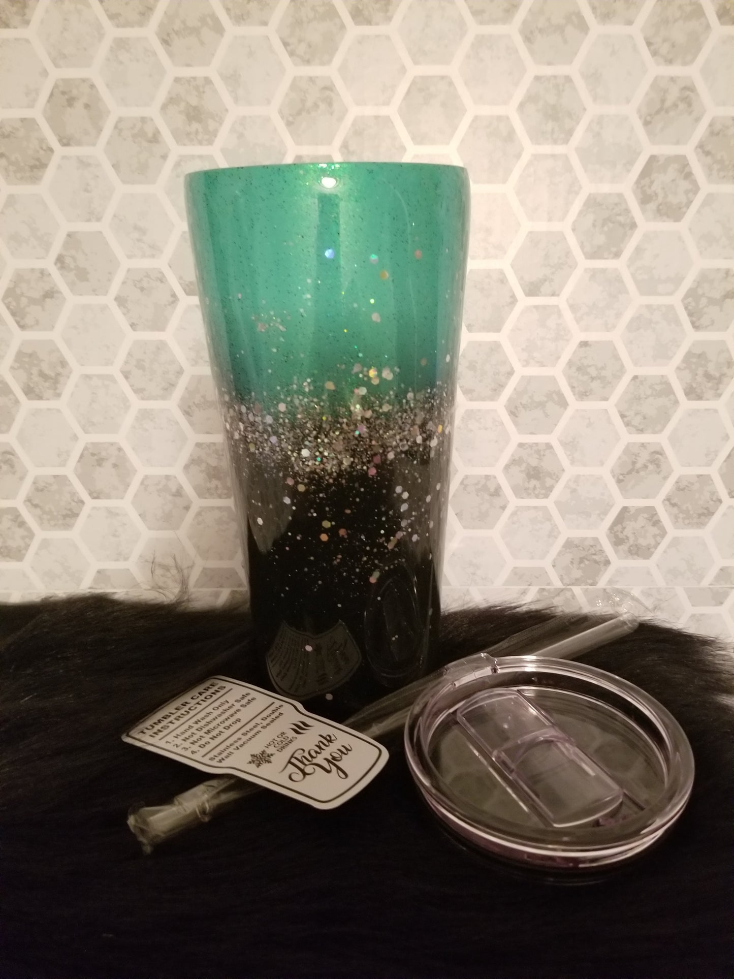 30oz tapered turquoise and black glittered tumbler