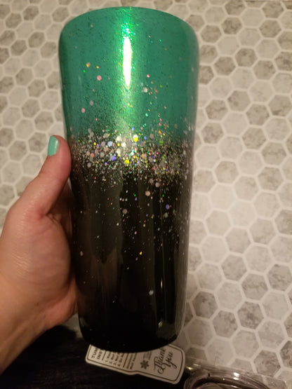 30oz tapered turquoise and black glittered tumbler