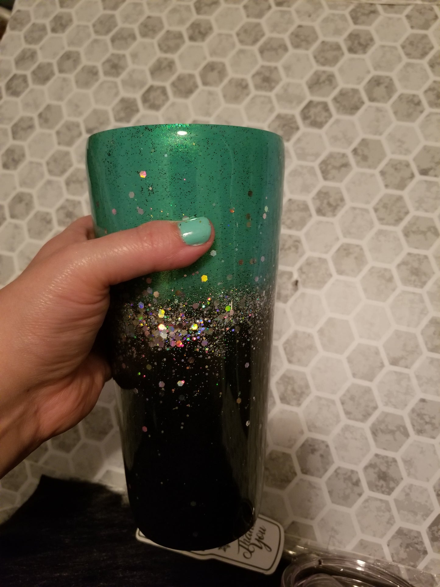 30oz tapered turquoise and black glittered tumbler