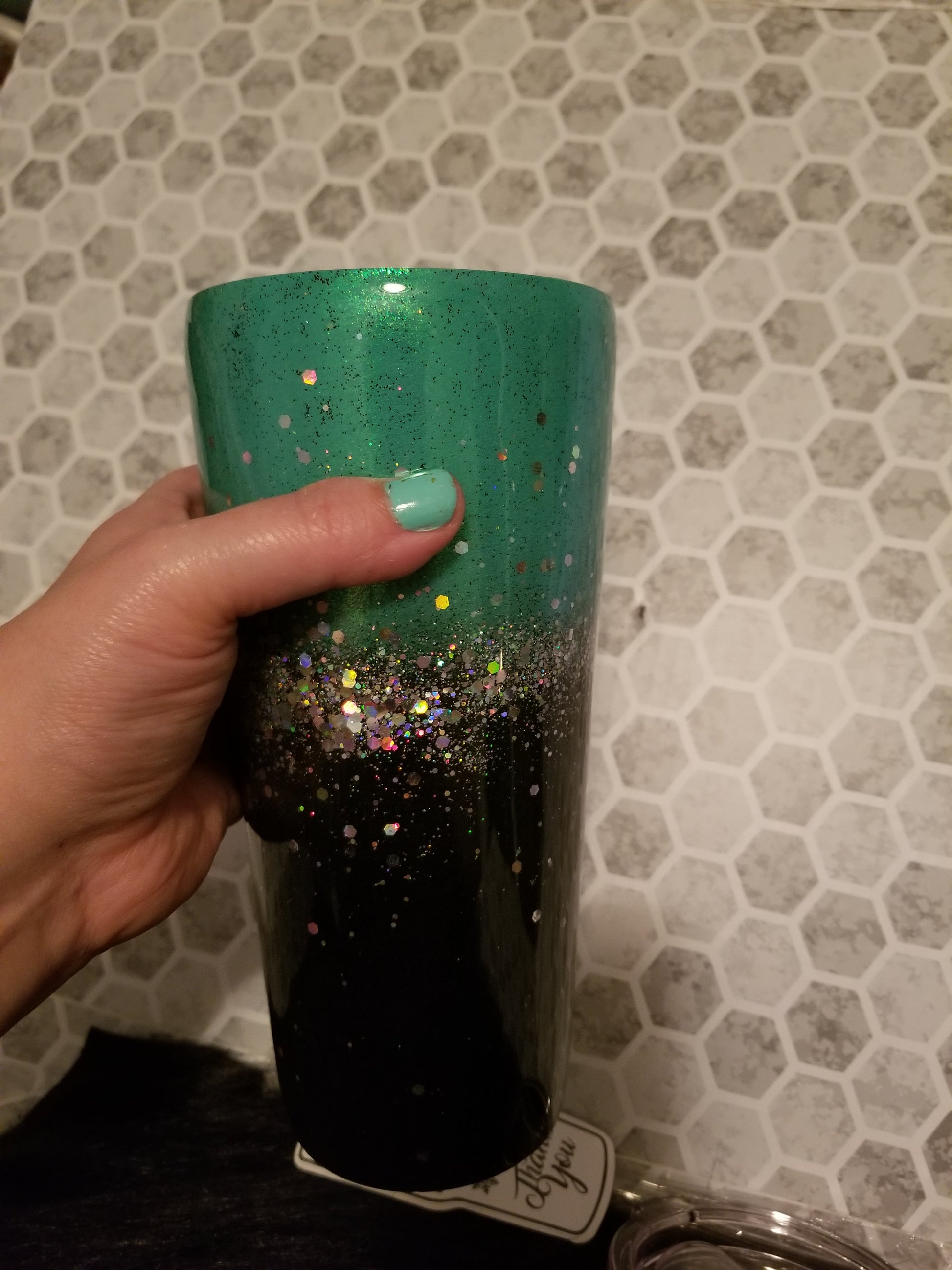 30oz tapered turquoise and black glittered tumbler