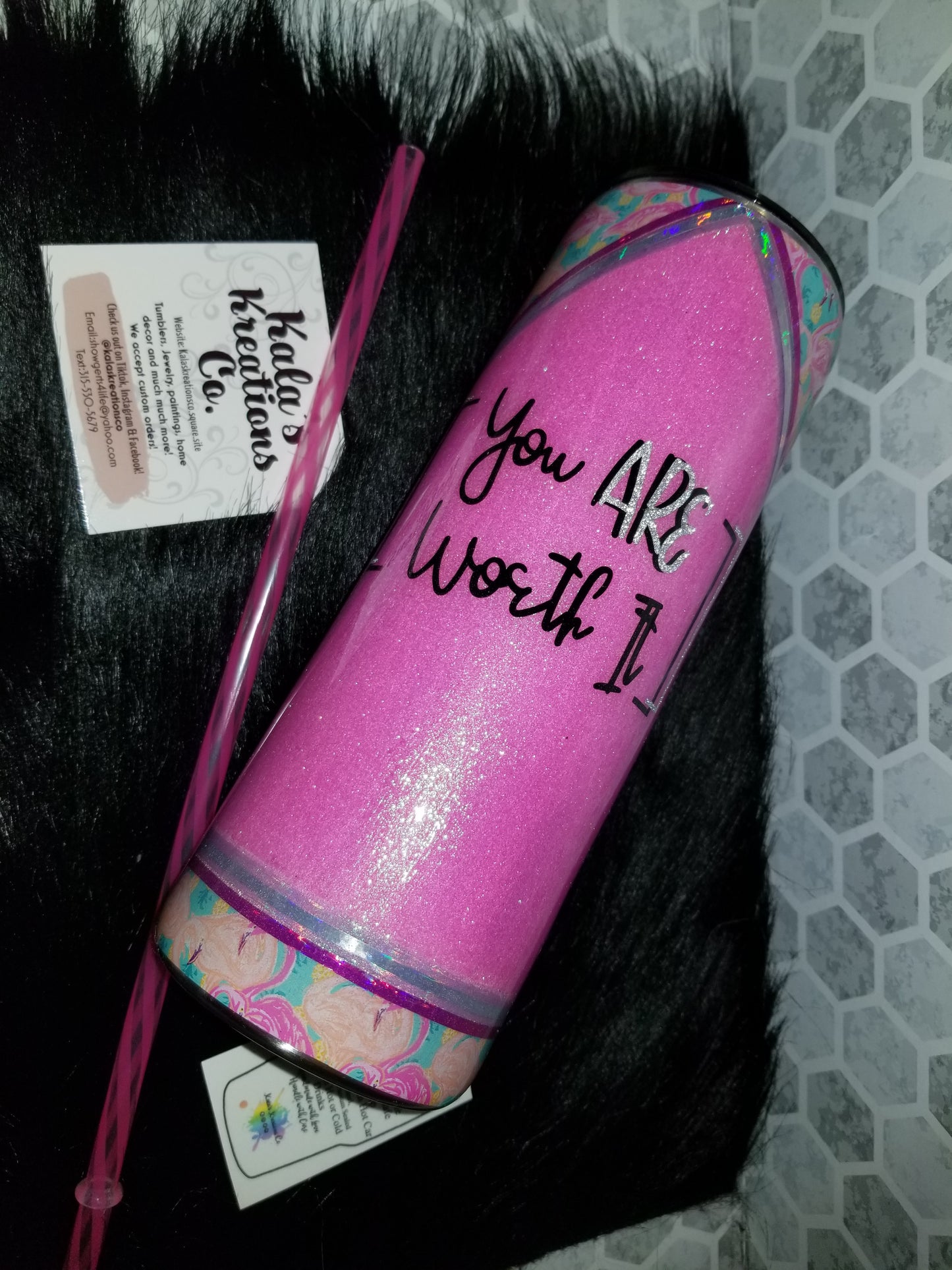 20 oz skinny "you ARE worth it" flamingo pink tumbler