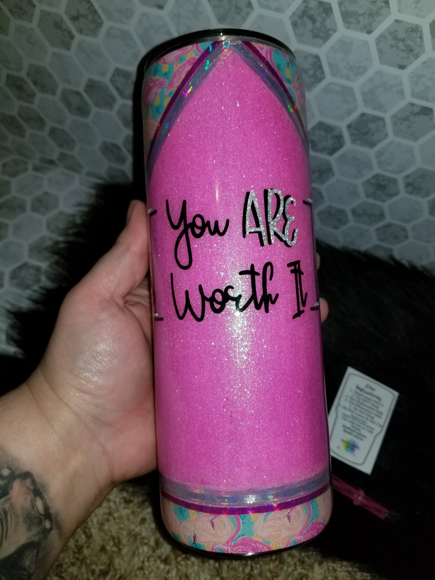 20 oz skinny "you ARE worth it" flamingo pink tumbler