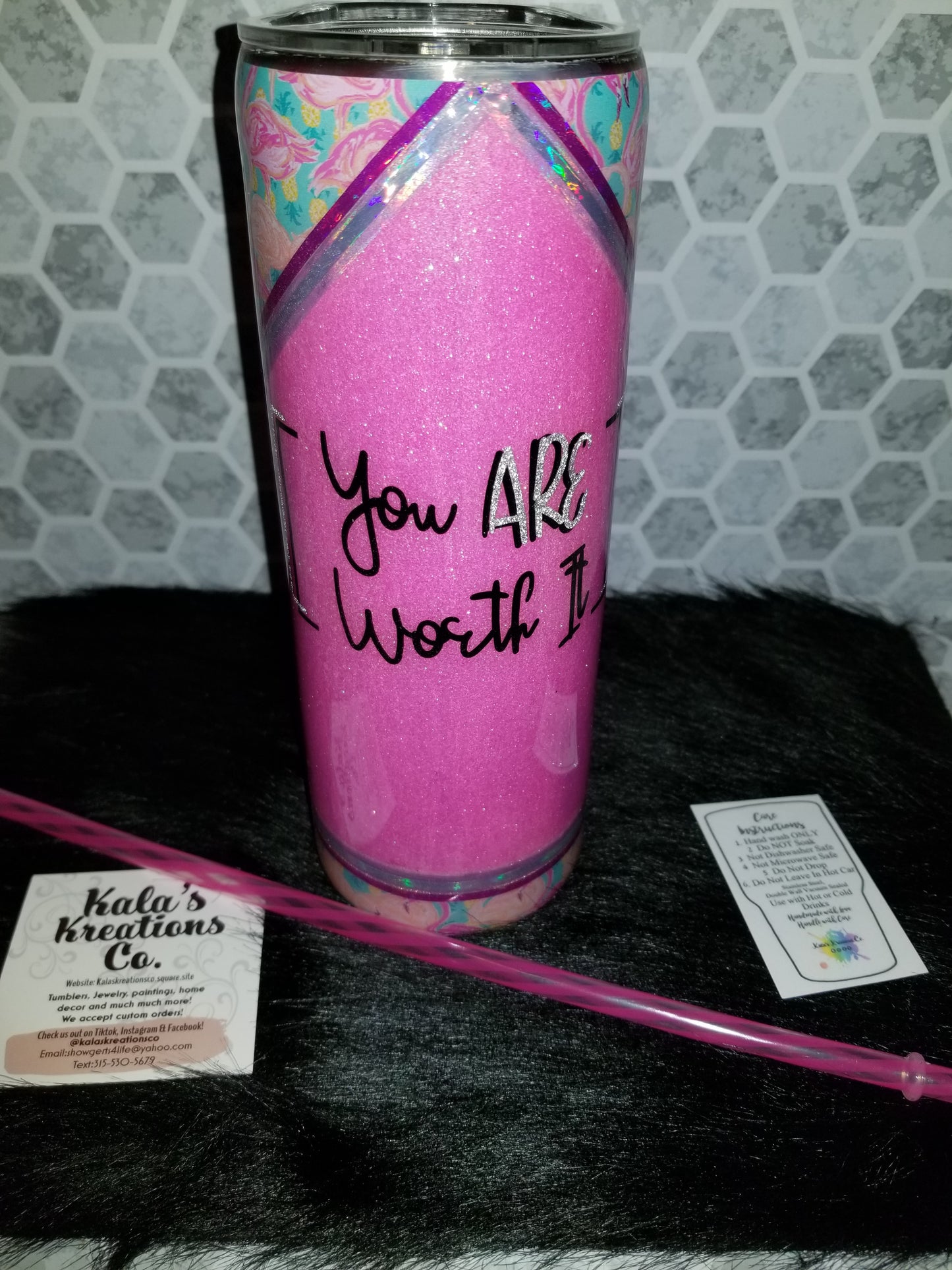 20 oz skinny "you ARE worth it" flamingo pink tumbler