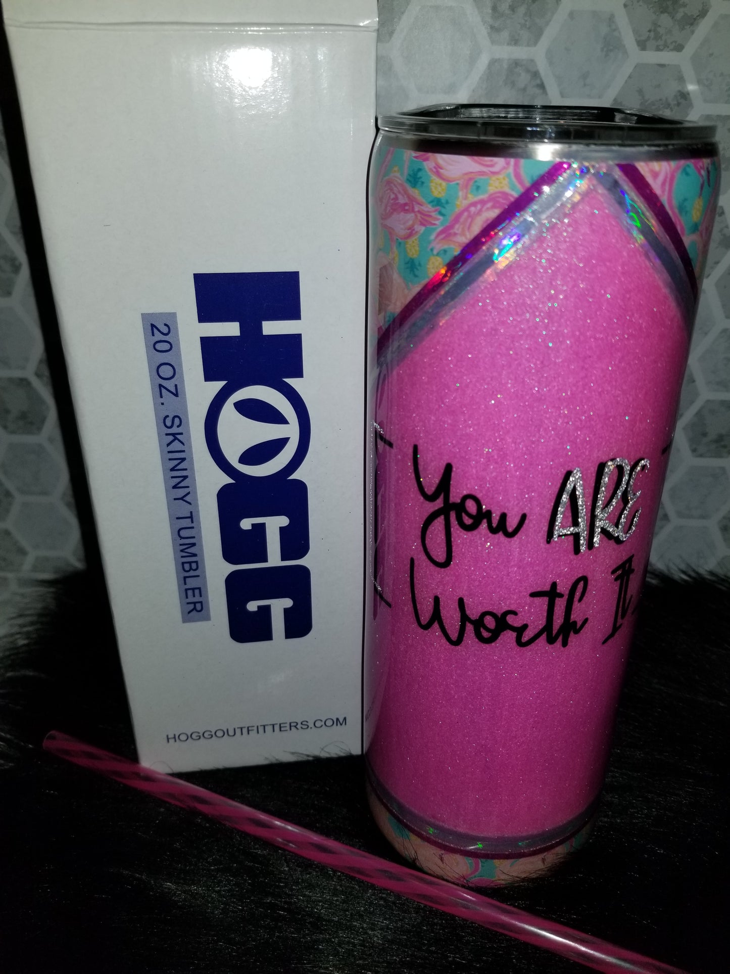 20 oz skinny "you ARE worth it" flamingo pink tumbler