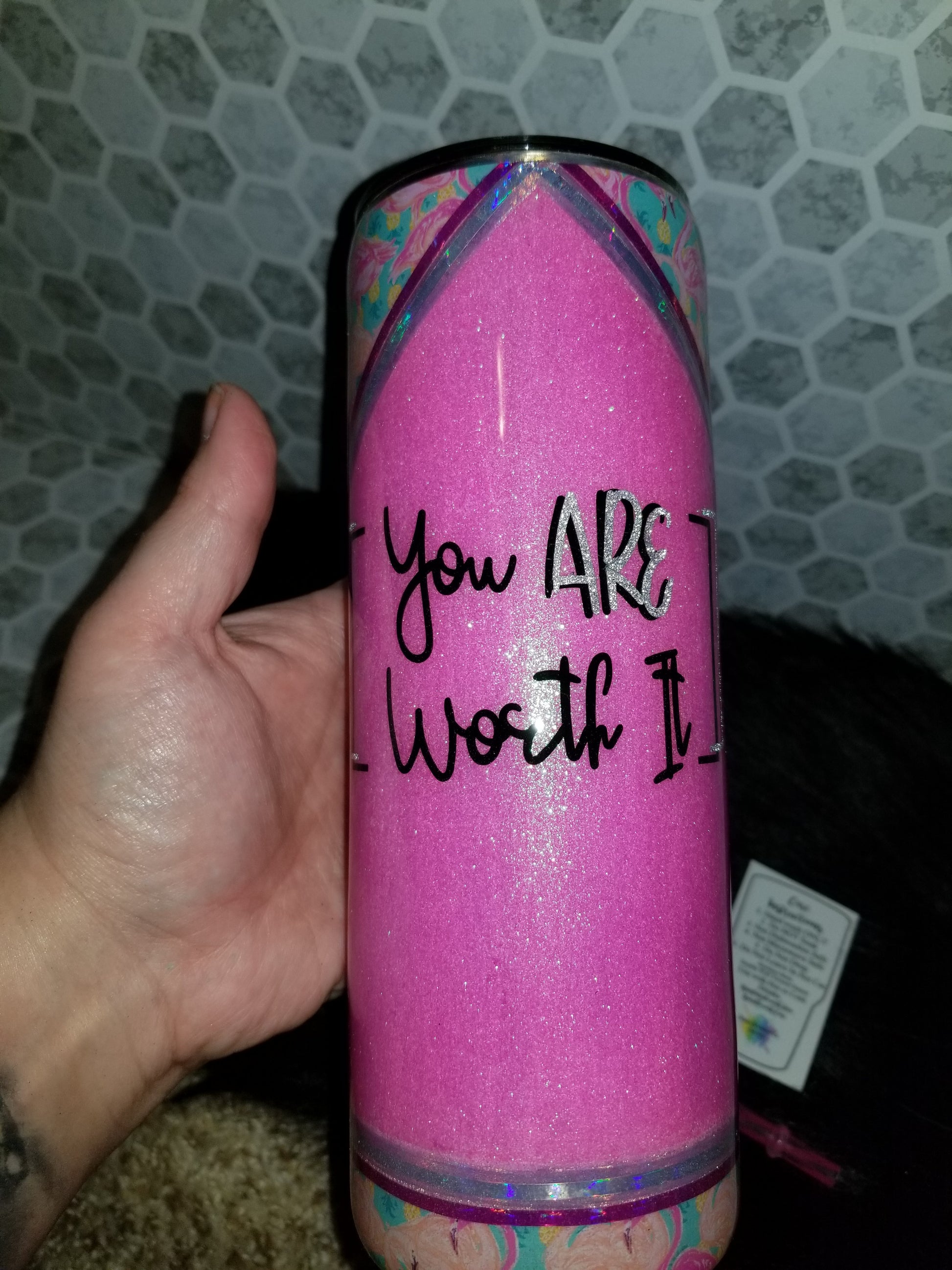 20 oz skinny "you ARE worth it" flamingo pink tumbler