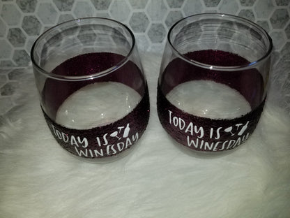 Set of 2-stemless wine glasses burgundy winesday stripe