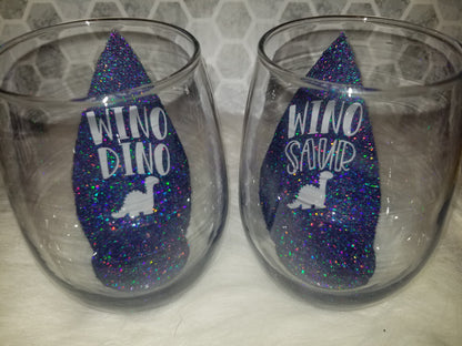 Set of 2- 20oz stemless wine glasses. Purple wino dino & winosaur.