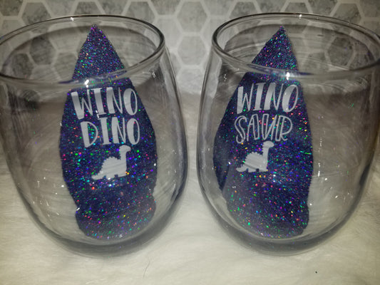 Set of 2- 20oz stemless wine glasses. Purple wino dino & winosaur.