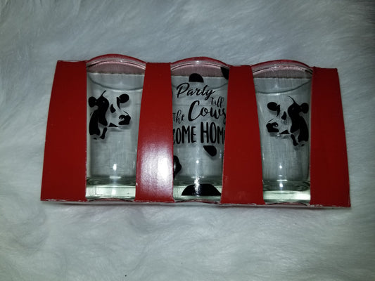 Set of 3 shot glasses- party til the cows come home