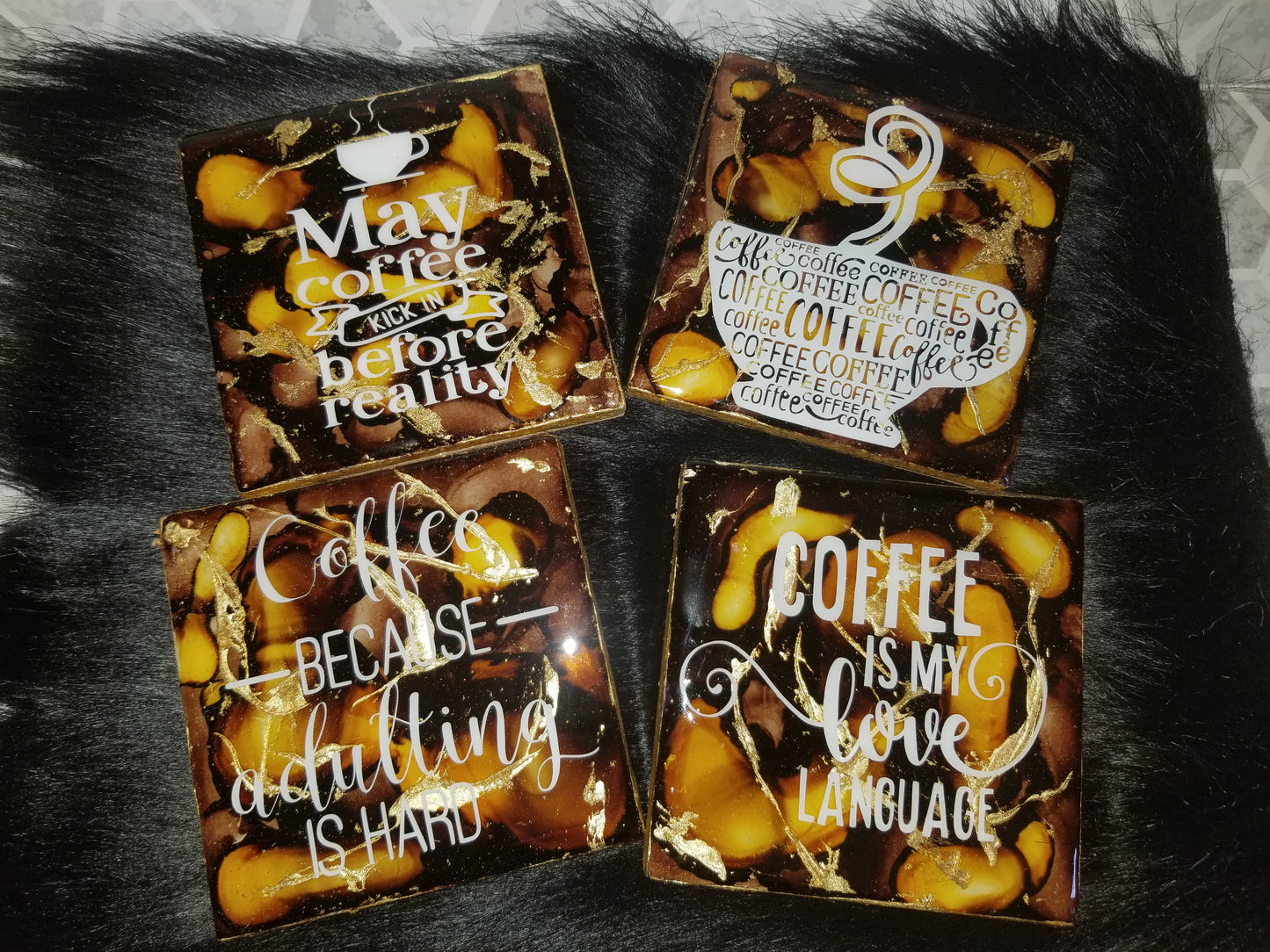 Set of 4 epoxy resin tile coasters - coffee swirl with decals