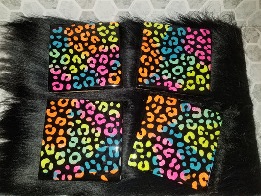 Set of 4 epoxy resin tile coasters- neon cheetah print