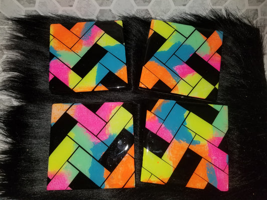 Set of 4 epoxy resin tile coasters- neon block print.
